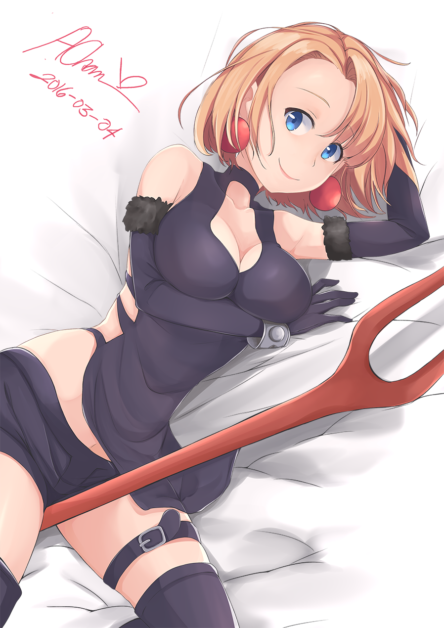 1girl aori_sora between_legs black_gloves blonde_hair blue_eyes boots bracelet breasts cleavage earrings elbow_gloves gloves halterneck highres jewelry junketsu_no_maria long_hair looking_at_viewer lying maria_(junketsu_no_maria) on_side short_hair shorts smile solo staff thigh-highs thigh_boots thigh_strap