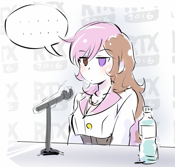 ... 1girl 2016 blush bottle breasts brown_eyes cleavage expressionless heterochromia iesupa jewelry jitome long_hair microphone microphone_stand multicolored_hair necklace neo_(rwby) roosterteeth rwby sitting solo spoken_ellipsis two-tone_hair upper_body violet_eyes water_bottle