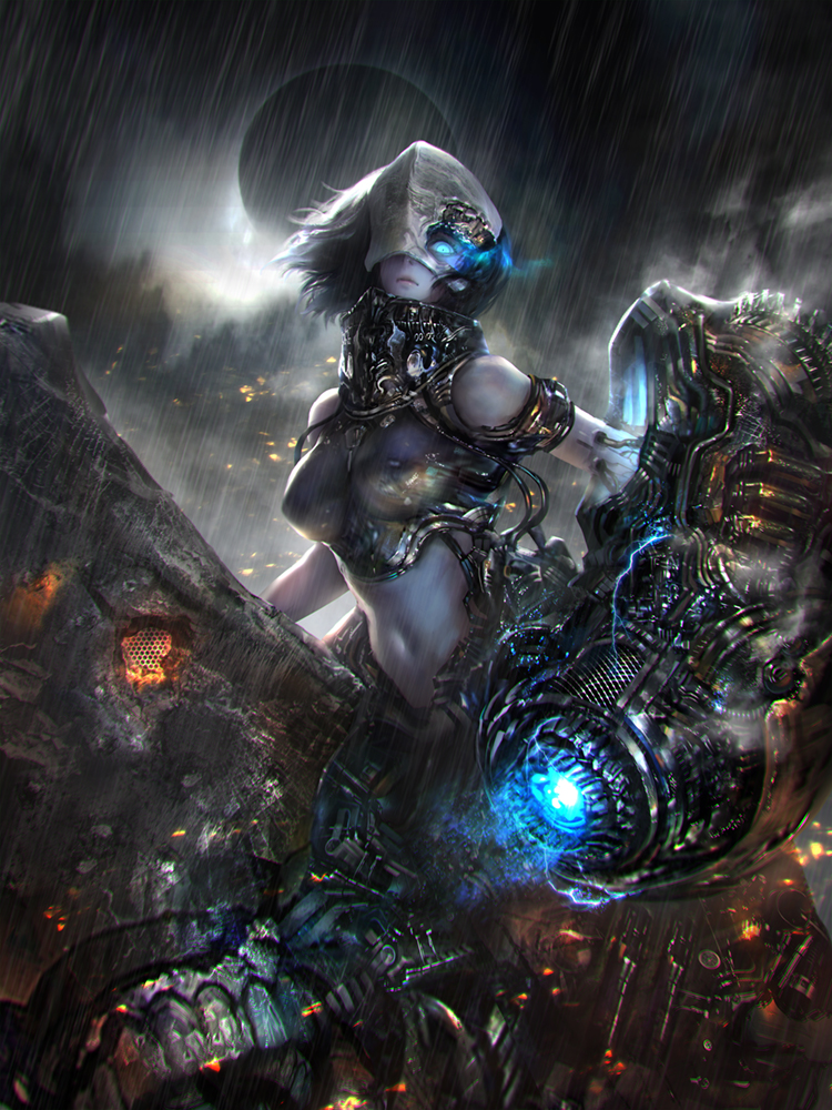 1girl armlet armor bacius backlighting bare_shoulders between_breasts black_hair black_sky blue_eyes cable chi-class_torpedo_cruiser closed_mouth clouds crop_top eclipse frown glowing glowing_eyes gorget high_collar kantai_collection looking_at_viewer looking_down machinery moon navel one_eye_covered rain rust shinkaisei-kan short_hair sleeveless smoke solo stomach sun wind