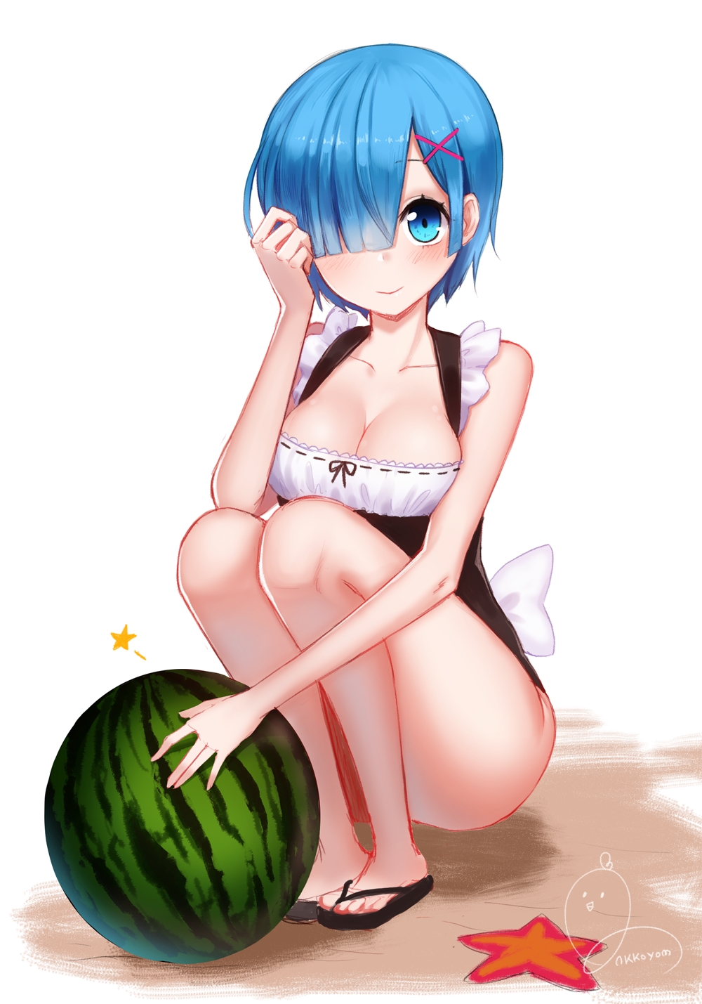 1girl adapted_costume adjusting_hair ango artist_name bangs bare_legs black_swimsuit blue_eyes blue_hair blunt_bangs bow breasts cleavage closed_mouth collarbone food fruit full_body hair_ornament hair_over_one_eye hairclip highres legs_together looking_at_viewer maid_swimsuit medium_breasts no_legwear one-piece_swimsuit re:zero_kara_hajimeru_isekai_seikatsu rem_(re:zero) ribbon-trimmed_swimsuit ribbon_trim sandals short_hair simple_background smile solo squatting starfish swimsuit watermelon white_background white_bow x_hair_ornament