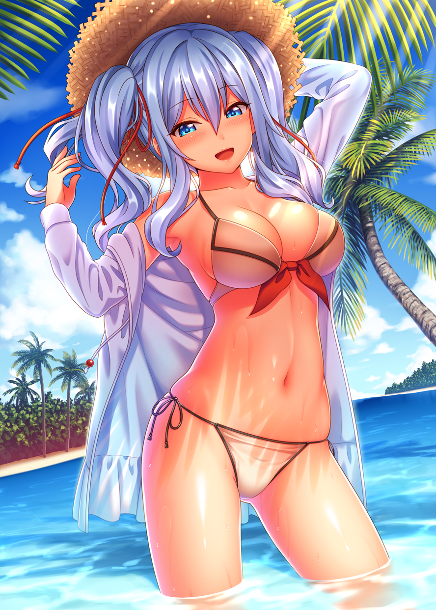 1girl alternate_costume arm_up bangs bare_shoulders beach bikini black_ribbon blue_eyes blue_hair blue_sky blush breasts cleavage clothes_down clouds cloudy_sky collarbone cowboy_shot day eyebrows eyebrows_visible_through_hair front-tie_bikini front-tie_top hair_between_eyes hair_ribbon hat highres hood hoodie kantai_collection kashima_(kantai_collection) large_breasts leaf light_rays long_sleeves looking_at_viewer nature navel nazu-na ocean off_shoulder open_mouth outdoors palm_tree ribbon sand shiny shiny_hair shiny_skin side-tie_bikini skindentation sky smile solo standing stomach straw_hat sunbeam sunlight swimsuit tree twintails wading water wavy_hair wet wet_clothes