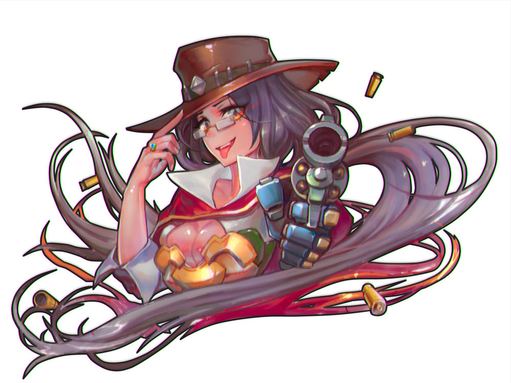 1girl armor bespectacled breastplate breasts brown_eyes brown_gloves brown_hair brown_hat cape cleavage cleavage_cutout collarbone cowboy_hat finger_to_headwear fingernails genderswap genderswap_(mtf) glasses gloves glowing glowing_eyes gun handgun hat holding holding_gun holding_weapon jewelry large_breasts long_hair looking_at_viewer mccree_(overwatch) mechanical_hand overwatch pistol pointing pointing_at_viewer poncho red_cape revolver ring shell_casing shells short_sleeves simple_background sleeves_rolled_up solo tongue tongue_out torn_clothes torn_hat upper_body very_long_hair weapon western white_background wing_collar