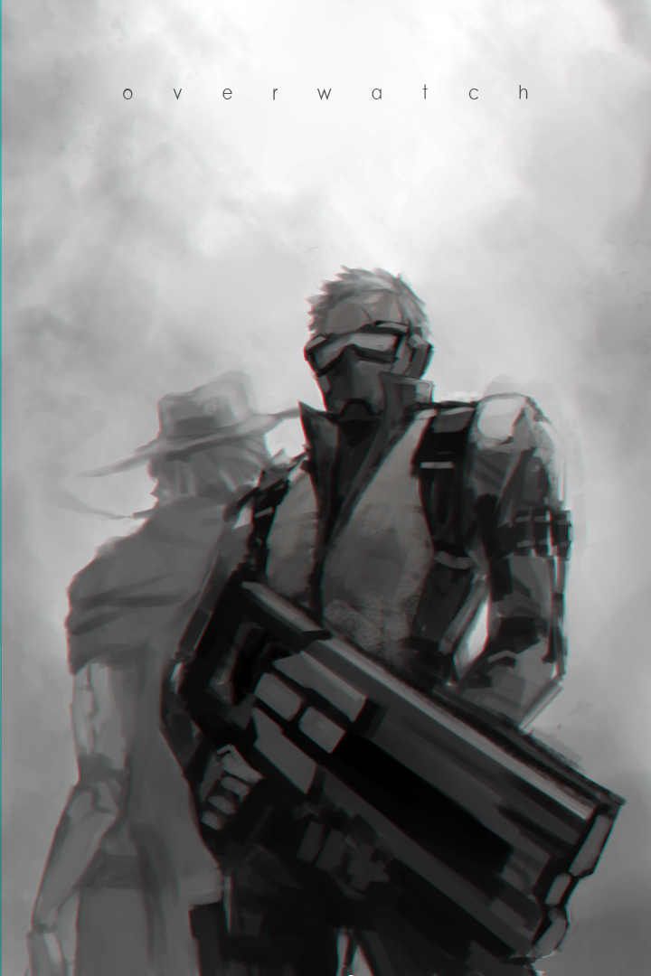 2boys assault_rifle broken_glasses cape cigar copyright_name covered_mouth cowboy_hat energy_gun face_mask from_behind gloves gun hat jacket long_sleeves male_focus mask mccree_(overwatch) mechanical_arm monochrome mouth_hold multiple_boys overwatch pants reroi rifle scar short_hair smoke soldier:_76_(overwatch) solo_focus visor weapon