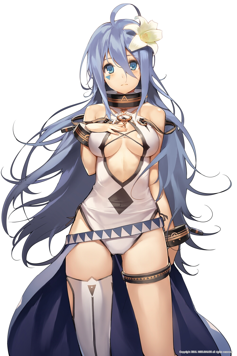 1girl 2016 ahoge bare_shoulders blue_eyes blue_hair breast_suppress breasts breasts_apart closed_mouth company_name english erakis facial_mark flower frown hair_between_eyes hair_flower hair_ornament hand_on_own_chest head_tilt highres leenim long_hair looking_at_viewer number simple_background solo thigh_strap triangle very_long_hair watermark white_background