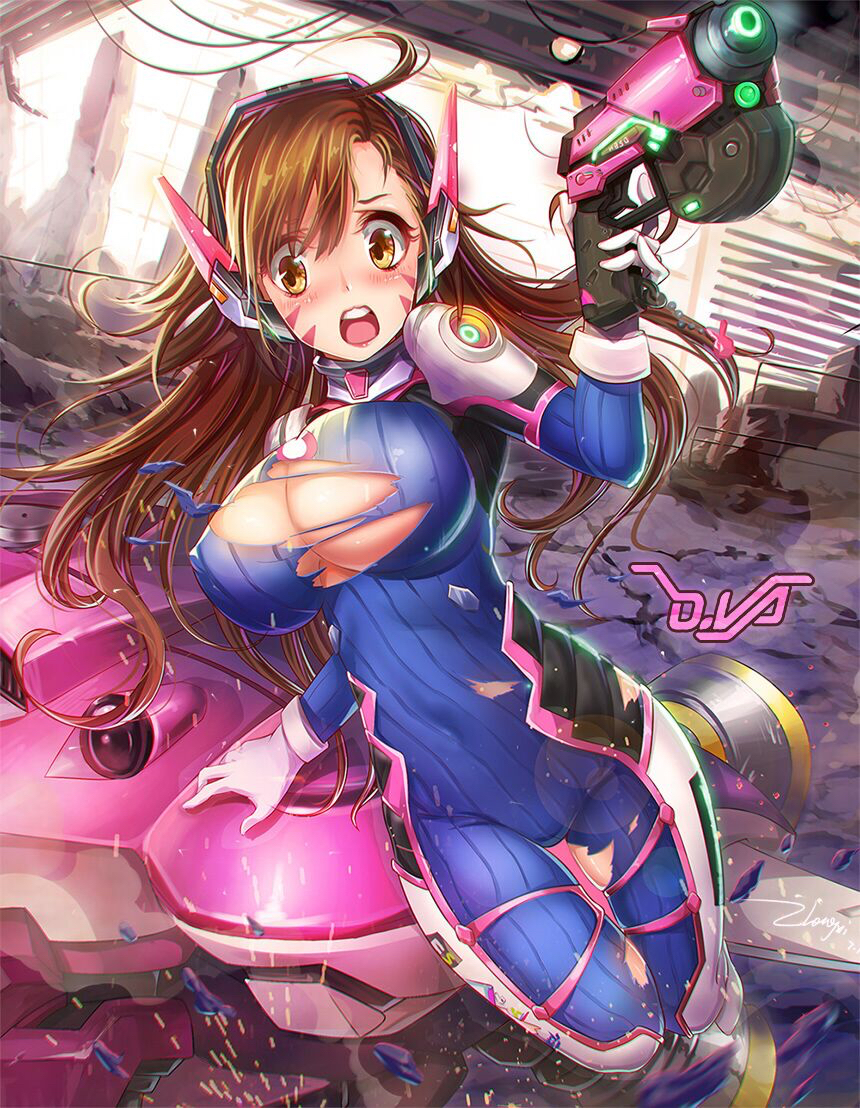 1girl alternate_breast_size arm_support armor artist_request bangs blush bodysuit boots bracer breasts brown_eyes brown_hair bunny_print character_name charm_(object) covered_navel covered_nipples cowboy_shot d.va_(overwatch) facepaint facial_mark finger_on_trigger gloves gun hand_up headphones high_collar holding holding_gun holding_weapon large_breasts lips lipstick long_hair long_sleeves makeup mecha meka_(overwatch) open_mouth overwatch parted_bangs pauldrons pilot_suit pink_lips rabbit shoulder_pads signature skin_tight solo teeth thigh-highs thigh_boots thigh_gap thigh_strap thrusters torn_bodysuit torn_clothes turtleneck weapon whisker_markings white_boots white_gloves