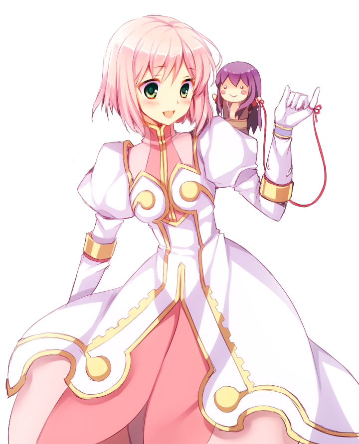 1girl :&gt; :d ayamisiro character_doll coat cowboy_shot dress estellise_sidos_heurassein gloves green_eyes long_hair open_mouth pink_dress pink_hair purple_hair red_string short_hair smile string tales_of_(series) tales_of_vesperia white_background white_gloves yuri_lowell