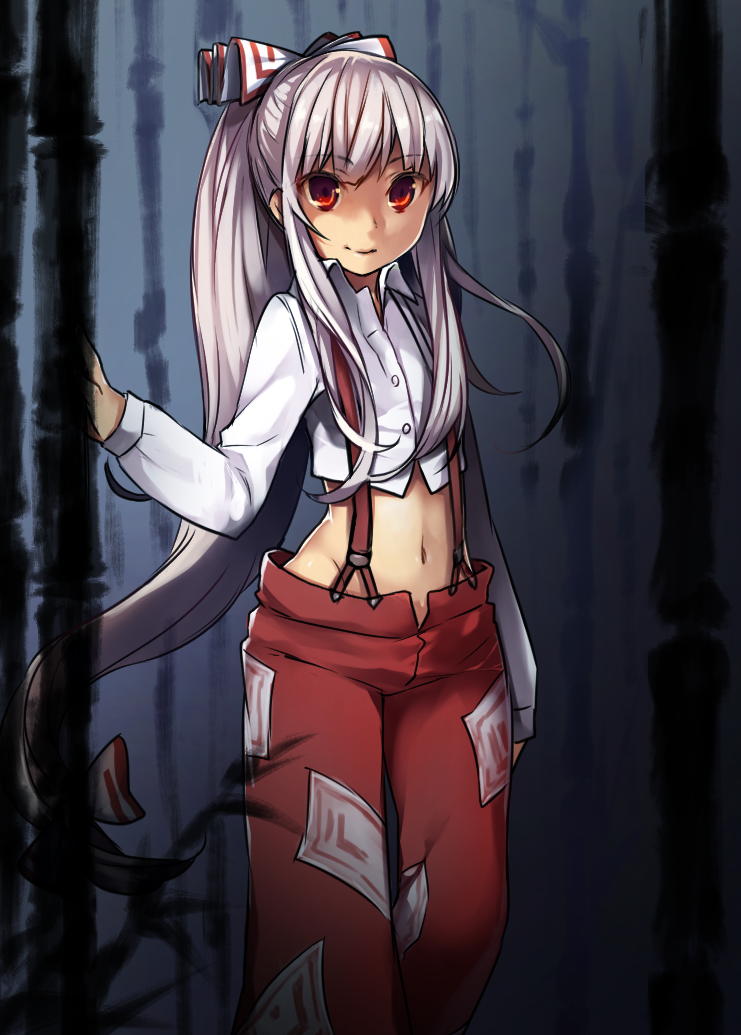 1girl adapted_costume akayan alternate_hairstyle bamboo bamboo_forest bow commentary_request crop_top forest fujiwara_no_mokou groin hair_bow long_hair long_sleeves looking_at_viewer midriff nature navel pants ponytail red_eyes red_pants shirt silver_hair smile solo suspenders touhou very_long_hair white_bow white_shirt