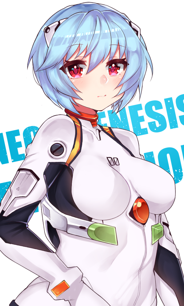 1girl ayanami_rei bangs blue_hair blush bodysuit bracer breasts breasts_apart closed_mouth copyright_name expressionless from_side gloves hair_between_eyes headgear impossible_bodysuit impossible_clothes looking_at_viewer medium_breasts neon_genesis_evangelion number osiimi_(artist) pilot_suit plugsuit plump red_eyes short_hair turtleneck upper_body white_background