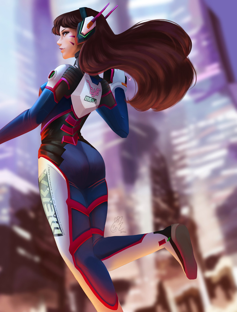1girl acronym armor ass bangs blurry bodysuit boots bracer breasts brown_eyes brown_hair building character_name clothes_writing d.va_(overwatch) dated facepaint facial_mark floating_hair from_behind gloves gun hand_up headphones high_collar lips lipstick long_hair looking_at_viewer makeup one_leg_raised open_mouth overwatch parted_bangs pilot_suit pink_lips profile shoulder_pads signature skin_tight skyscraper small_breasts solo standing standing_on_one_leg thigh-highs thigh_boots thigh_strap turtleneck weapon whisker_markings white_boots white_gloves