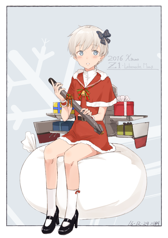 1girl 2016 artist_name bell belt blonde_hair blue_background blue_eyes blush bow box capelet character_name christmas dated dress full_body fur_trim gift gift_box hair_bow holding kantai_collection kawashina_(momen_silicon) machinery mary_janes outside_border parted_lips sack santa_costume shoes short_hair sitting sitting_on_object snowflake_background socks solo torpedo white_legwear wrist_cuffs z1_leberecht_maass_(kantai_collection)