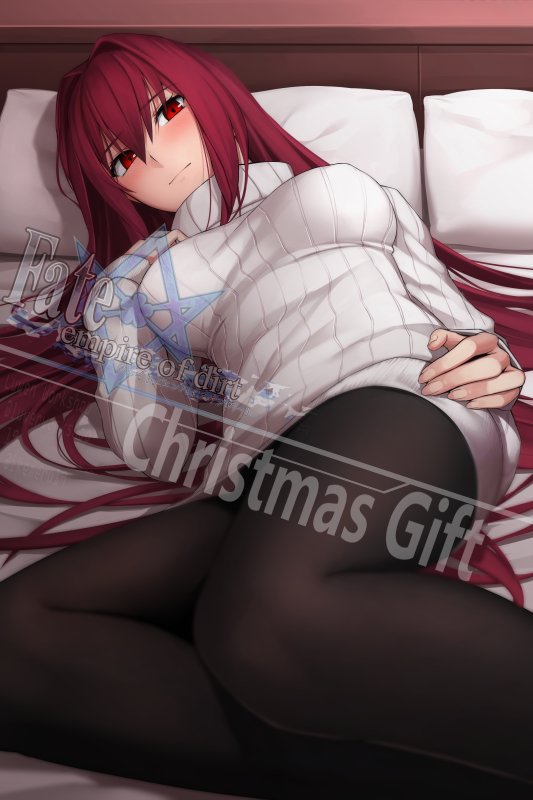1girl bed blush breasts fate/empire_of_dirt fate/grand_order fate_(series) long_hair looking_at_viewer purple_hair red_eyes scathach_(fate/grand_order) shijiu_(adamhutt) smile solo
