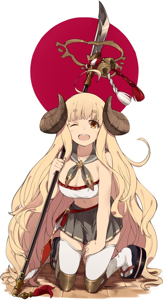 1girl ;d anila_(granblue_fantasy) bandeau black_skirt blonde_hair blush breasts cleavage eyebrows eyebrows_visible_through_hair full_body granblue_fantasy holding holding_weapon horns jpeg_artifacts kneeling long_hair looking_at_viewer naginata on_ground one_eye_closed open_mouth pleated_skirt polearm sailor_collar sandals skirt smile solo thick_eyebrows thigh-highs touzai_(poppin_phl95) very_long_hair weapon white_legwear yellow_eyes