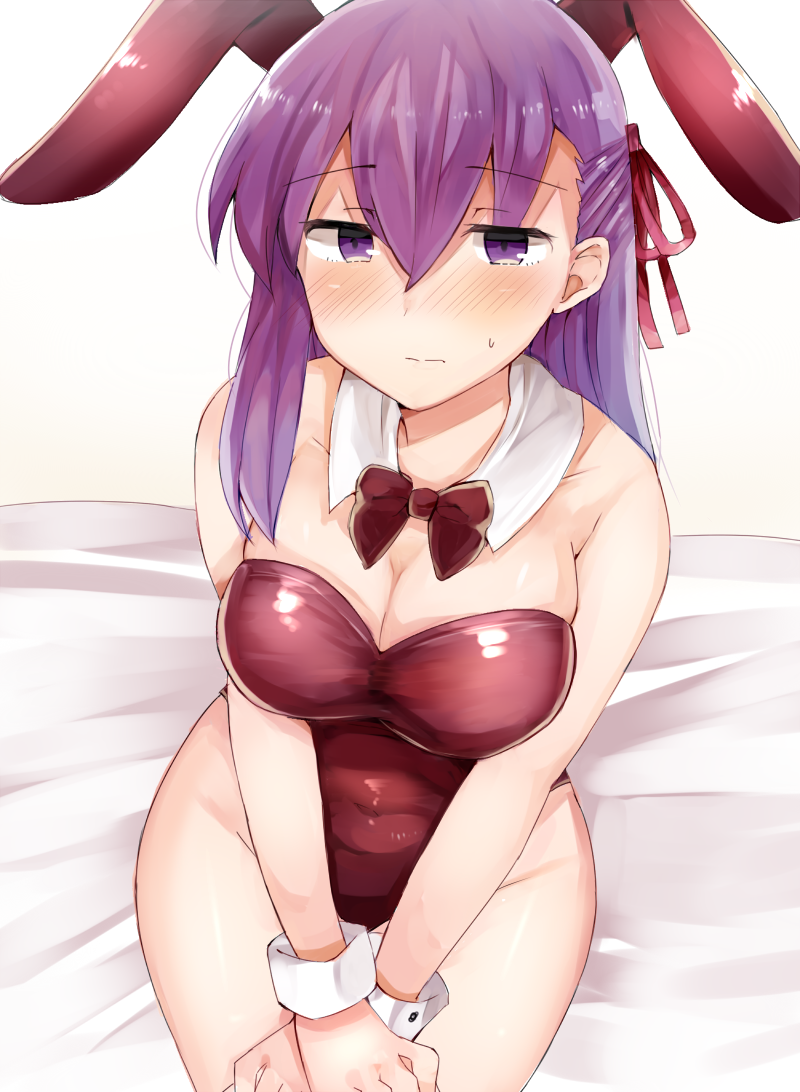 1girl animal_ears bare_shoulders blush bow bowtie breasts bunnysuit cleavage collarbone detached_collar embarrassed fate/stay_night fate_(series) hair_ribbon highleg highleg_leotard jirou_(tamaho39) large_breasts leotard long_hair matou_sakura md5_mismatch purple_hair rabbit_ears ribbon shiny shiny_clothes solo sweatdrop violet_eyes wrist_cuffs