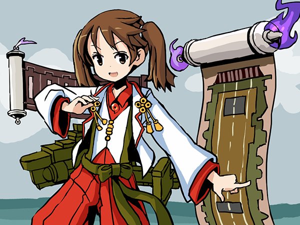 1girl adrian_ferrer brown_eyes brown_hair clouds dress_shirt hair_tie hakama japanese_clothes jun'you_(kantai_collection) jun'you_(kantai_collection)_(cosplay) kantai_collection machinery magatama ocean onmyouji open_mouth pose ryuujou_(kantai_collection) scroll shirt sky smile solo twintails vest