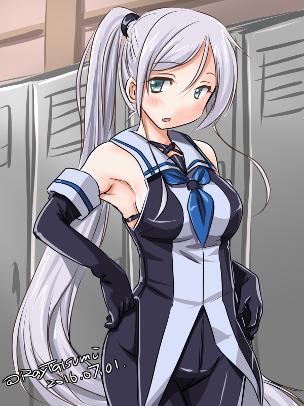 alternate_hairstyle armpits bare_shoulders black_gloves blue_necktie breasts commentary_request dated elbow_gloves eyebrows eyebrows_visible_through_hair gloves green_eyes green_hair kantai_collection locker_room long_hair looking_at_viewer necktie pantyhose ponytail school_uniform serafuku sideboob tatsumi_rei twitter_username umikaze_(kantai_collection) very_long_hair