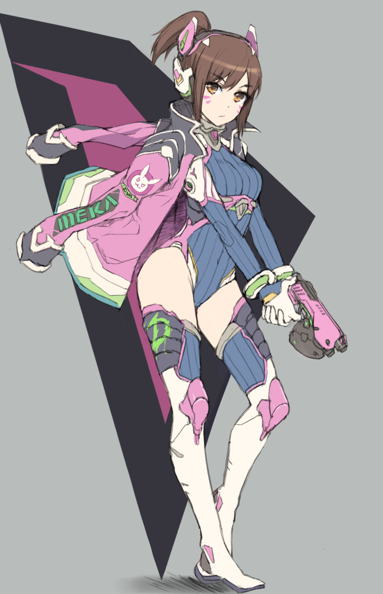 1girl alternate_hairstyle blush bodysuit boots bracelet breasts brown_hair bunny_print character_name closed_mouth clothes_writing covered_navel d.va_(overwatch) eyebrows eyebrows_visible_through_hair facepaint fighting_stance full_body gloves grey_background gun headgear highres holding holding_gun holding_weapon jacket jacket_on_shoulders jacket_over_shoulder jewelry knee_pads leotard long_sleeves looking_at_viewer medium_breasts open_clothes open_jacket overwatch pink_jacket ponytail serious short_hair simple_background solo standing thigh-highs thigh_boots thighs tonee weapon white_gloves yellow_eyes