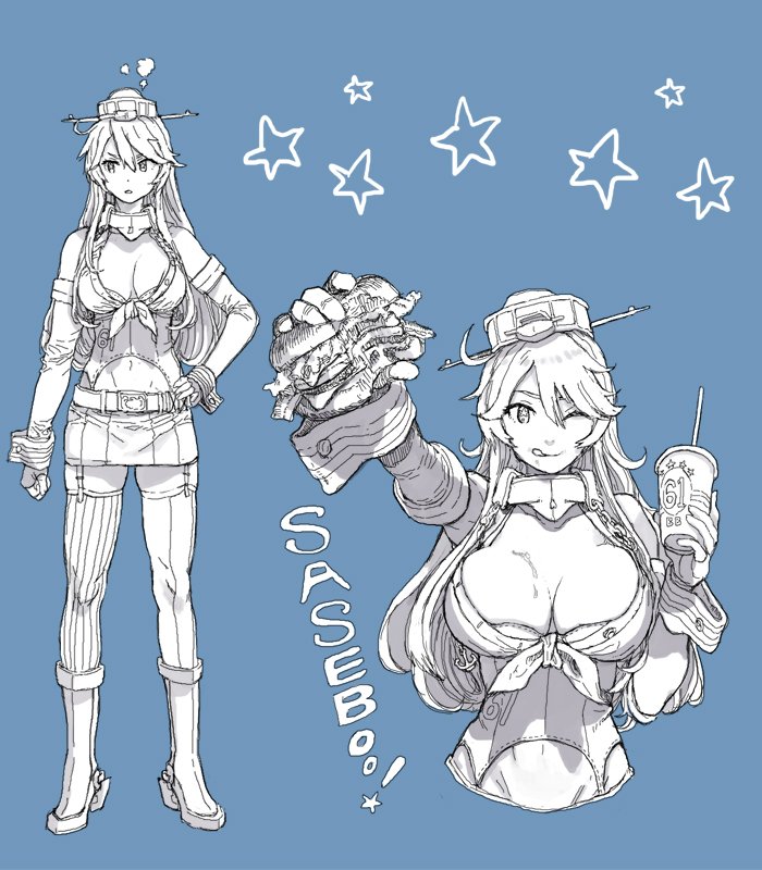 1girl ;p anchor bangs blue_background boots breasts character_sheet collar commentary crop_top elbow_gloves fingerless_gloves food food_on_body gloves gufu6 hair_between_eyes hamburger hand_on_hip hat holding holding_food iowa_(kantai_collection) kantai_collection large_breasts long_hair looking_to_the_side miniskirt monochrome navel one_eye_closed shirt sidelocks skirt soda_cup star star-shaped_pupils symbol-shaped_pupils thigh-highs tied_shirt tongue tongue_out