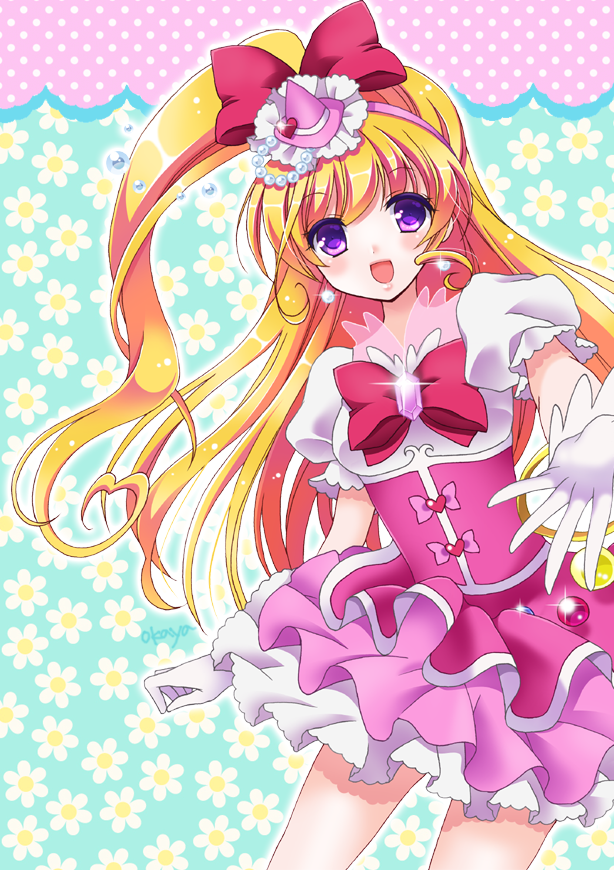 1girl :d asahina_mirai blonde_hair bow brooch cowboy_shot cure_miracle floral_background gloves hair_bow hairband half_updo hat jewelry long_hair looking_at_viewer magical_girl mahou_girls_precure! mini_hat mini_witch_hat okayashi open_mouth outstretched_hand pink_bow pink_hat pink_skirt ponytail precure red_bow signature skirt smile solo violet_eyes white_gloves witch_hat
