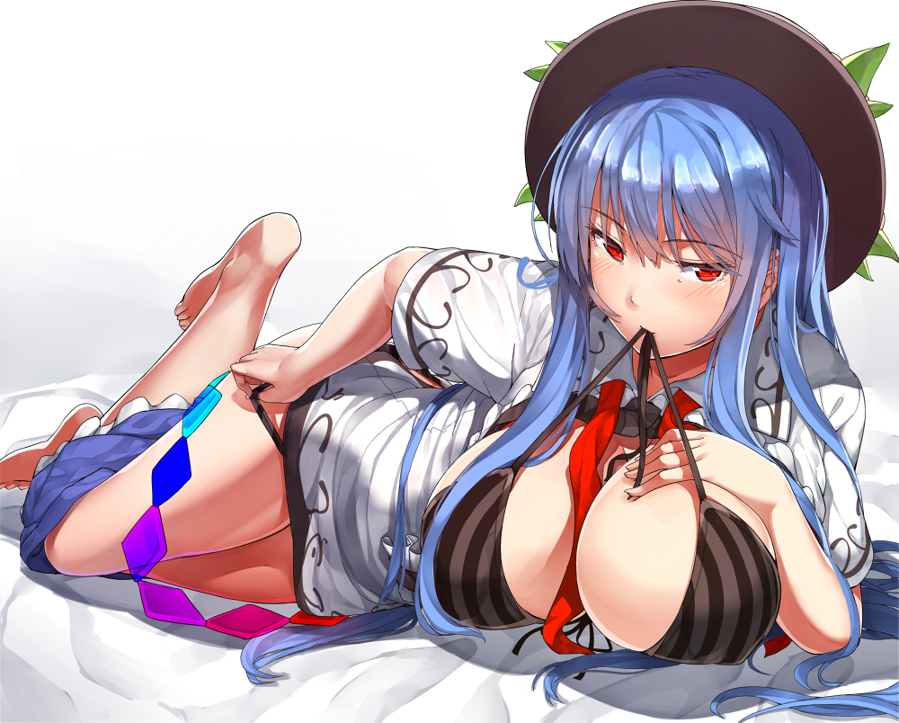 1girl bangs barefoot between_breasts black_bra black_hat black_panties blue_hair blue_skirt blush bra breasts breasts_outside cleavage frilled_skirt frills hat hinanawi_tenshi large_breasts long_hair looking_at_viewer lying mouth_hold neropaso on_side panties rainbow_order red_eyes shirt sidelocks skirt skirt_pull solo striped touhou underwear vertical-striped_bra vertical_stripes white_shirt