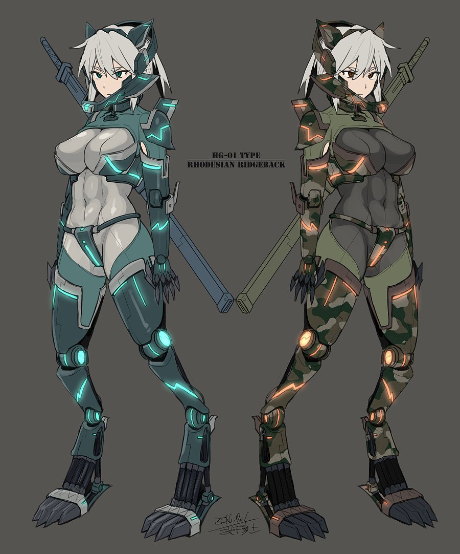 bangs blonde_hair bodysuit breasts commentary_request dated expressionless glowing green_eyes grey_background hair_between_eyes hairband ikeshita_moyuko large_breasts mecha_musume mechanical_arm mechanical_legs multiple_views original ponytail red_eyes siblings simple_background sketch sword translation_request twins weapon