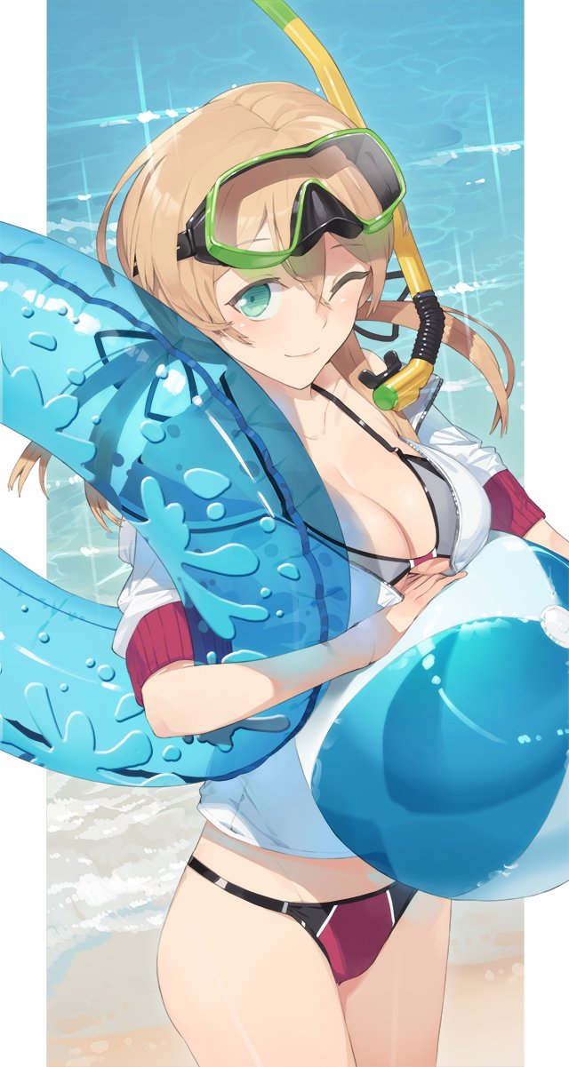 1girl aqua_eyes ball beachball blonde_hair blush breasts cleavage collarbone cowboy_shot from_above goggles goggles_on_head hayashi_kewi highres innertube jacket kantai_collection lens_flare looking_at_viewer low_twintails ocean one_eye_closed prinz_eugen_(kantai_collection) sand short_sleeves smile snorkel solo source_request swimsuit swimsuit_under_clothes twintails upper_body water waves