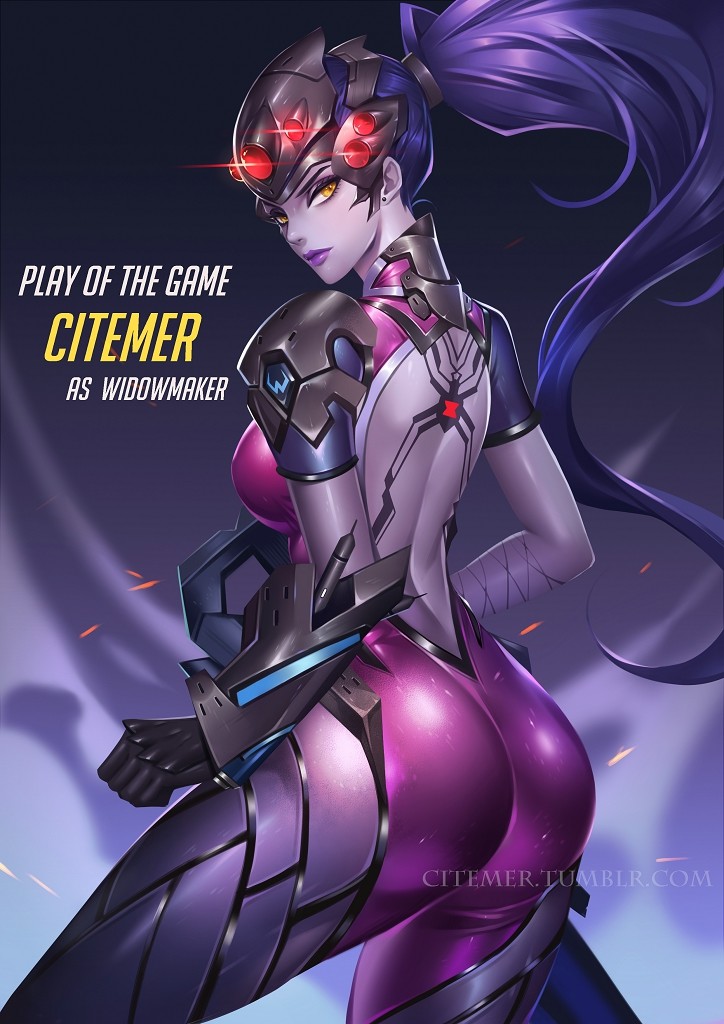1girl ass character_name citemer lipstick looking_at_viewer looking_back makeup open_back overwatch ponytail purple_hair purple_skin solo visor widowmaker_(overwatch) yellow_eyes