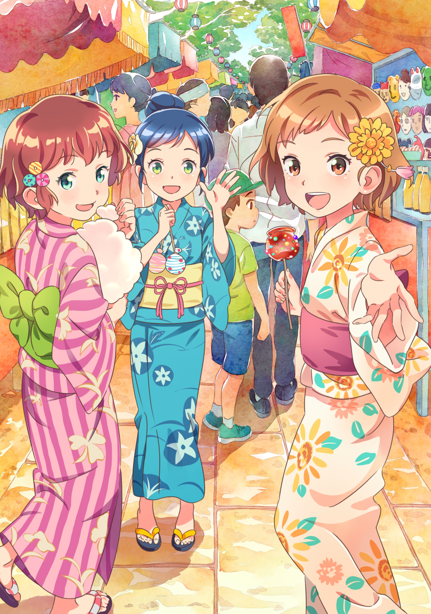 3girls :d barefoot blue_hair blue_pants bow brown_eyes brown_hair candy_apple cotton_candy eating festival flower food from_behind full_body green_bow green_eyes hair_bun hair_flower hair_ornament highres holding holding_food japanese_clothes katou_akatsuki kimono long_sleeves looking_at_viewer looking_back market mask multiple_girls no_legwear no_socks open_mouth original outdoors outstretched_arms pants plant sandals shop short_hair smile toes tree waving wide_sleeves yukata