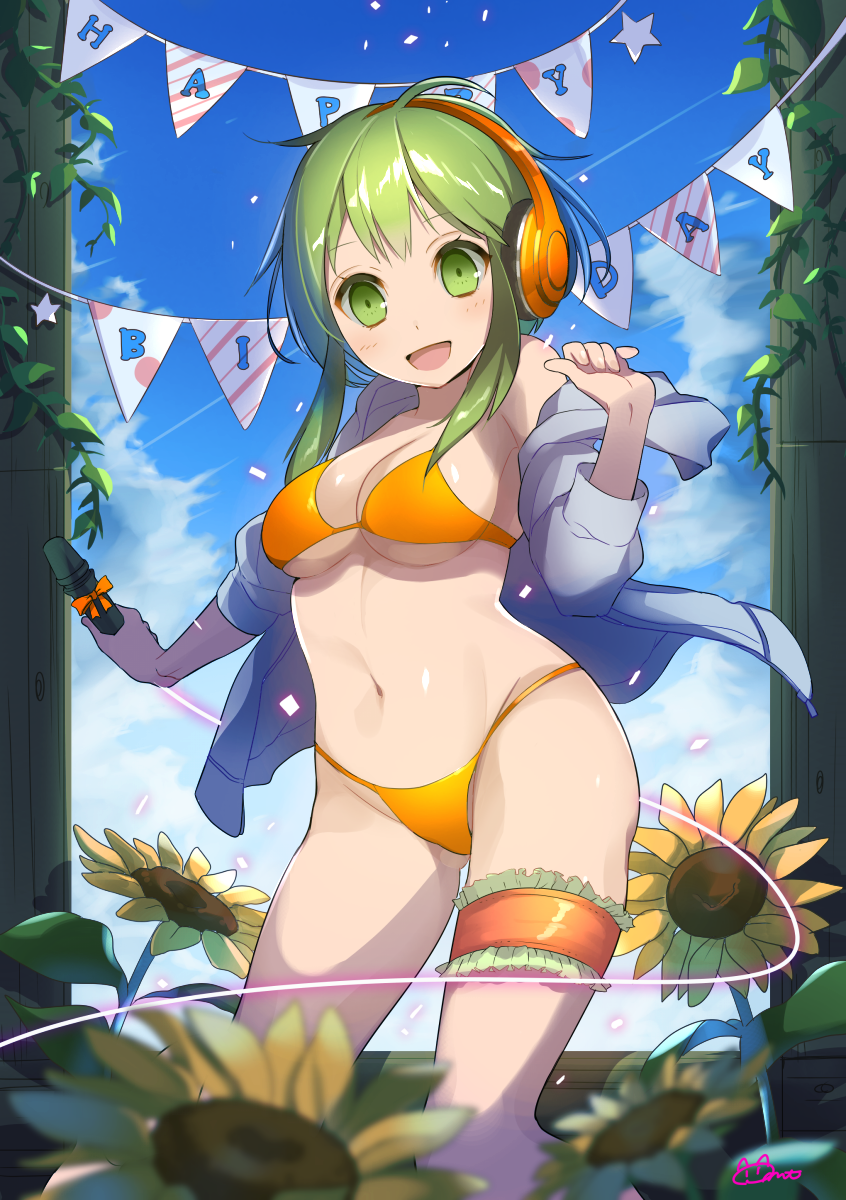 1girl 6_(roku) :d ahoge ass_visible_through_thighs bangs bare_shoulders bikini bikini_under_clothes birthday blue_sky blurry blush bow breasts cable cleavage confetti depth_of_field english eyebrows eyebrows_visible_through_hair eyelashes flower frills glowing green_eyes green_hair grey_jacket groin gumi happy_birthday headphones highres holding_microphone hood hood_down hooded_jacket jacket jacket_over_swimsuit large_breasts leg_garter legs_apart looking_at_viewer microphone navel off_shoulder open_clothes open_jacket open_mouth orange_bikini orange_bow pillar plant polka_dot shiny shiny_skin short_hair sidelocks sky sleeves_pushed_up smile solo standing star stomach string_bikini string_of_flags striped summer sunflower swimsuit swimsuit_under_clothes under_boob vines vocaloid yellow_flower
