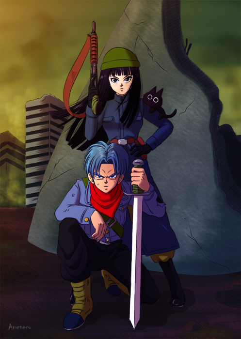 1boy 1girl ameneko animal animal_on_shoulder artist_name black_eyes black_gloves black_hair blue_eyes blue_hair boots building cat coat dirty dragon_ball dragon_ball_super gloves gun hand_on_hip hat jacket kneeling mai_(dragon_ball) neckerchief ruins sword tama_(dragon_ball) trunks_(dragon_ball) weapon