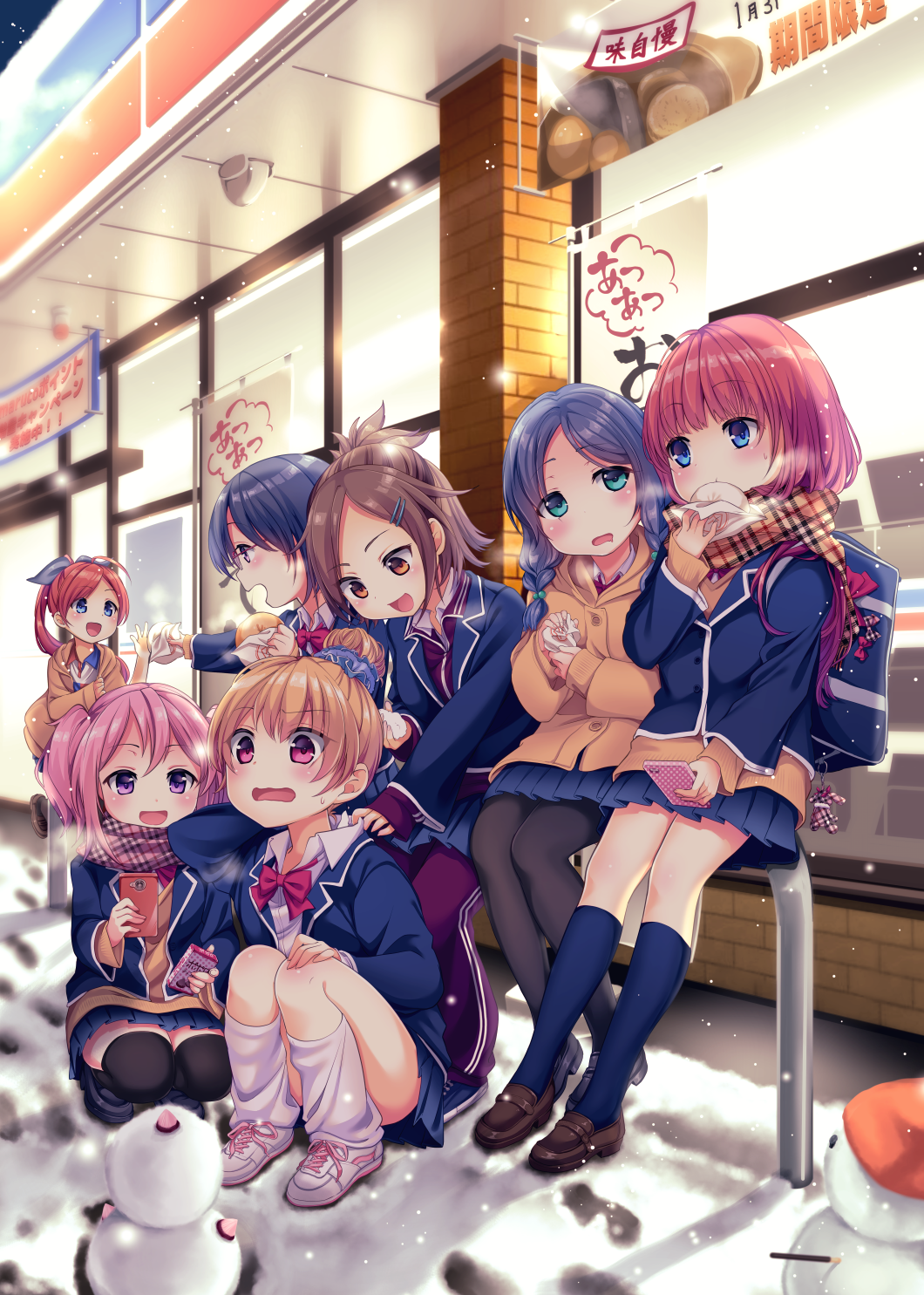 6+girls :d aqua_eyes bag baozi black_legwear blonde_hair blue_eyes blue_hair blue_legwear blush bow bowtie braid brown_eyes brown_hair building buttons cellphone coat convenience_store eating food glasses hair_bun hair_ornament hairclip hand_behind_head hand_on_own_knee highres holding holding_food jacket keychain kneehighs loafers long_hair long_sleeves multiple_girls open_mouth original outdoors outstretched_arm pants pants_under_skirt pantyhose phone pink_eyes pink_hair plaid plaid_scarf pleated_skirt ponytail redhead running scarf school_bag school_uniform shoes shop short_hair shura_no_suke sitting skirt smartphone smile sneakers snow snowing snowman squatting sweatdrop thigh-highs track_pants twin_braids two_side_up violet_eyes waving white_legwear window