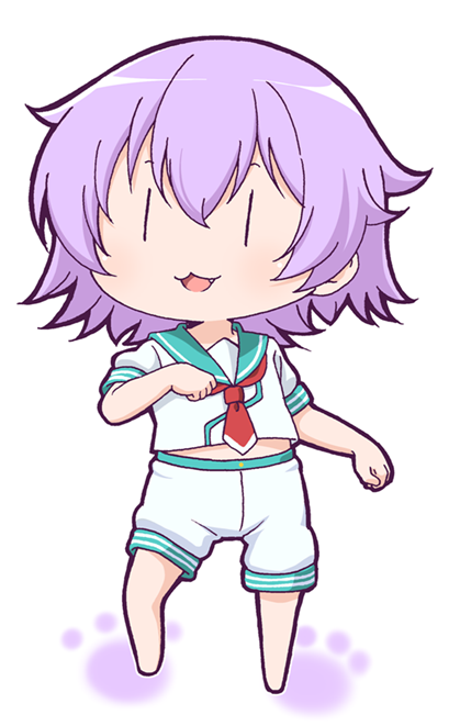 1girl :3 fang hair_between_eyes kantai_collection masaki_itsuki neckerchief open_mouth purple_hair sailor_collar school_uniform serafuku shirt short_hair short_sleeves shorts solo tama_(kantai_collection) |_|