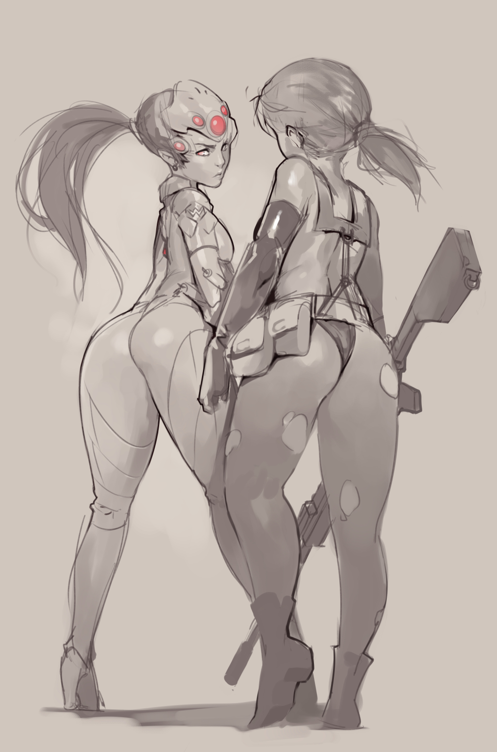 2girls ass crossover from_behind greyscale gun highres looking_back metal_gear_(series) metal_gear_solid_v monochrome multiple_girls norasuko overwatch pantyhose power_connection quiet_(metal_gear) rifle sketch sniper_rifle torn_clothes torn_pantyhose weapon widowmaker_(overwatch)