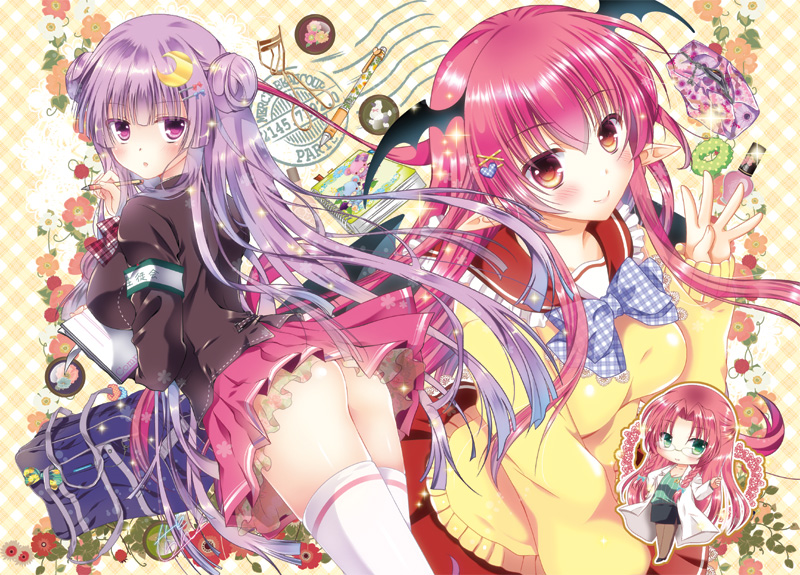 3girls :o armband ass bag bat_wings bespectacled blush book braid breasts chibi_inset crescent crescent_hair_ornament double_bun floral_print glasses green_eyes hair_ornament hairclip head_wings hong_meiling jacket koakuma labcoat large_breasts long_hair looking_at_viewer looking_back miniskirt multiple_girls nail_polish_bottle notebook pantyhose patchouli_knowledge pekopokox pen pointer pointy_ears postage_stamp purple_hair red_eyes redhead school_bag school_uniform side_braid skirt smile sweater touhou twin_braids very_long_hair violet_eyes waving wings