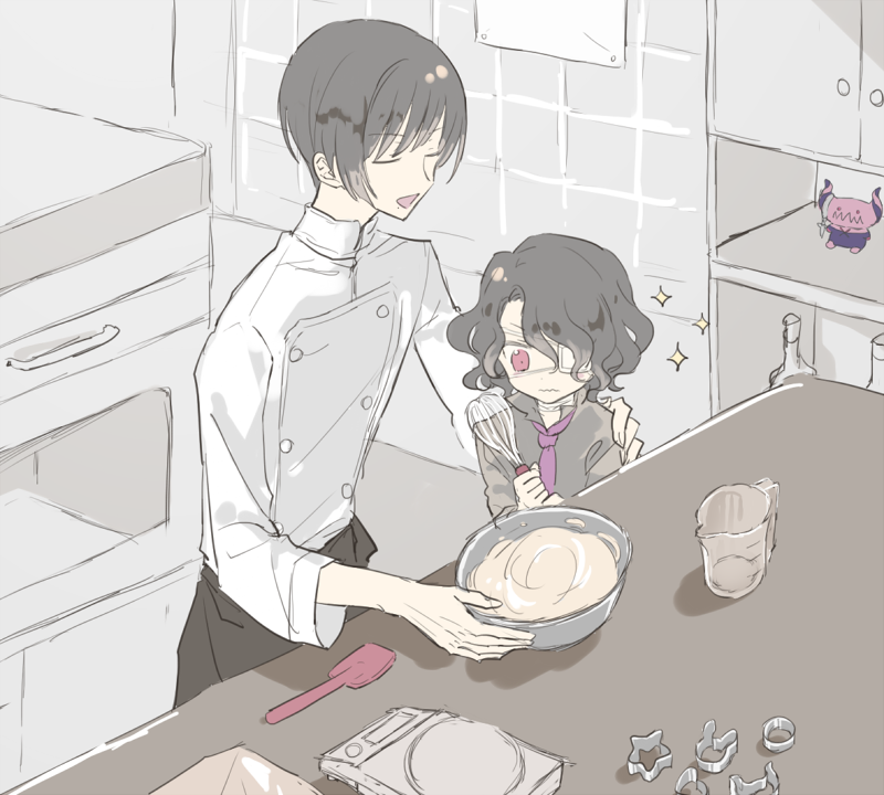 2boys asselin_bb_ii black_hair bowl chef chef_uniform child closed_eyes cookie_cutter double-breasted eyepatch hair_over_one_eye idolmaster idolmaster_side-m kitchen male_focus measuring_cup mixing_bowl mole mole_under_mouth multiple_boys oven red_eyes royu satan_(idolmaster) shinonome_souichirou short_hair sparkle spatula stuffed_toy time_paradox wavy_hair wavy_mouth whisk younger