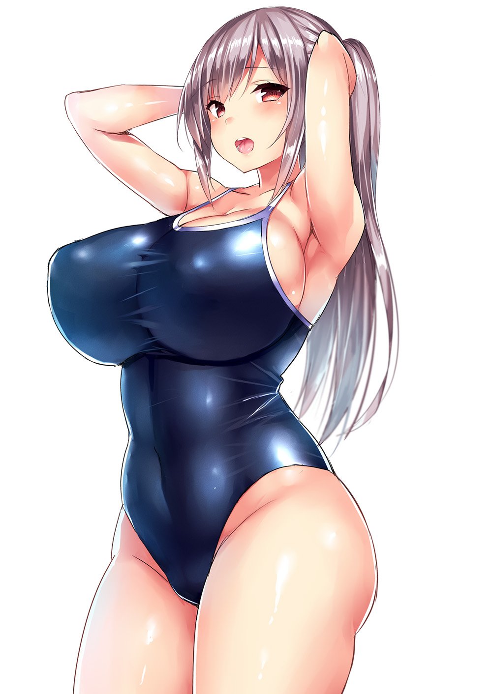 1girl armpits arms_up blush breasts brown_eyes covered_navel covered_nipples highres huge_breasts long_hair looking_at_viewer one-piece_swimsuit open_mouth ponytail ringed_eyes school_swimsuit silver_hair simple_background skin_tight solo swimsuit taut_clothes taut_swimsuit tsukumiya_amane white_background