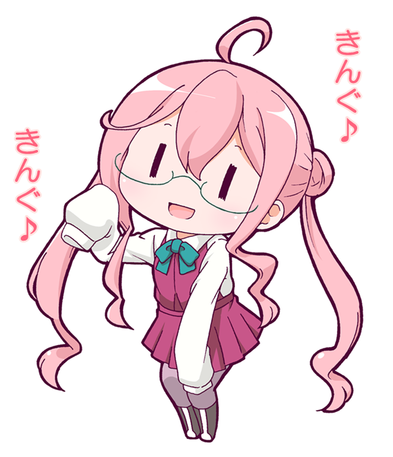 1girl :d ahoge boots bow bowtie chibi dancing double_bun dress glasses hair_between_eyes kantai_collection long_hair long_sleeves makigumo_(kantai_collection) masaki_itsuki open_mouth overman_king_gainer pantyhose parody pink_hair purple_legwear school_uniform semi-rimless_glasses shirt simple_background sleeveless sleeveless_dress sleeves_past_wrists smile solo translated twintails under-rim_glasses white_background white_shirt |_|