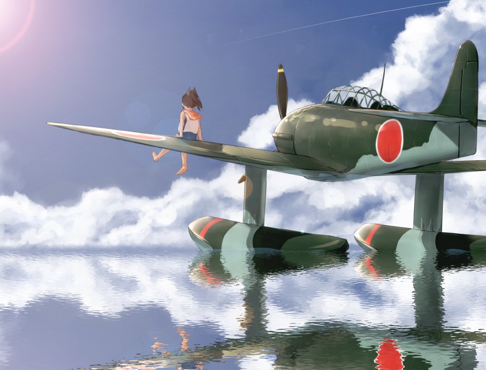 1girl bare_arms bare_legs barefoot blue_sky brown_hair clouds cloudy_sky cockpit day from_behind hair_ornament i-401_(kantai_collection) kantai_collection ocean outdoors ponytail reflection school_swimsuit school_uniform seaplane serafuku sitting sky sleeveless solo suke_(momijigari) sunlight swimsuit water