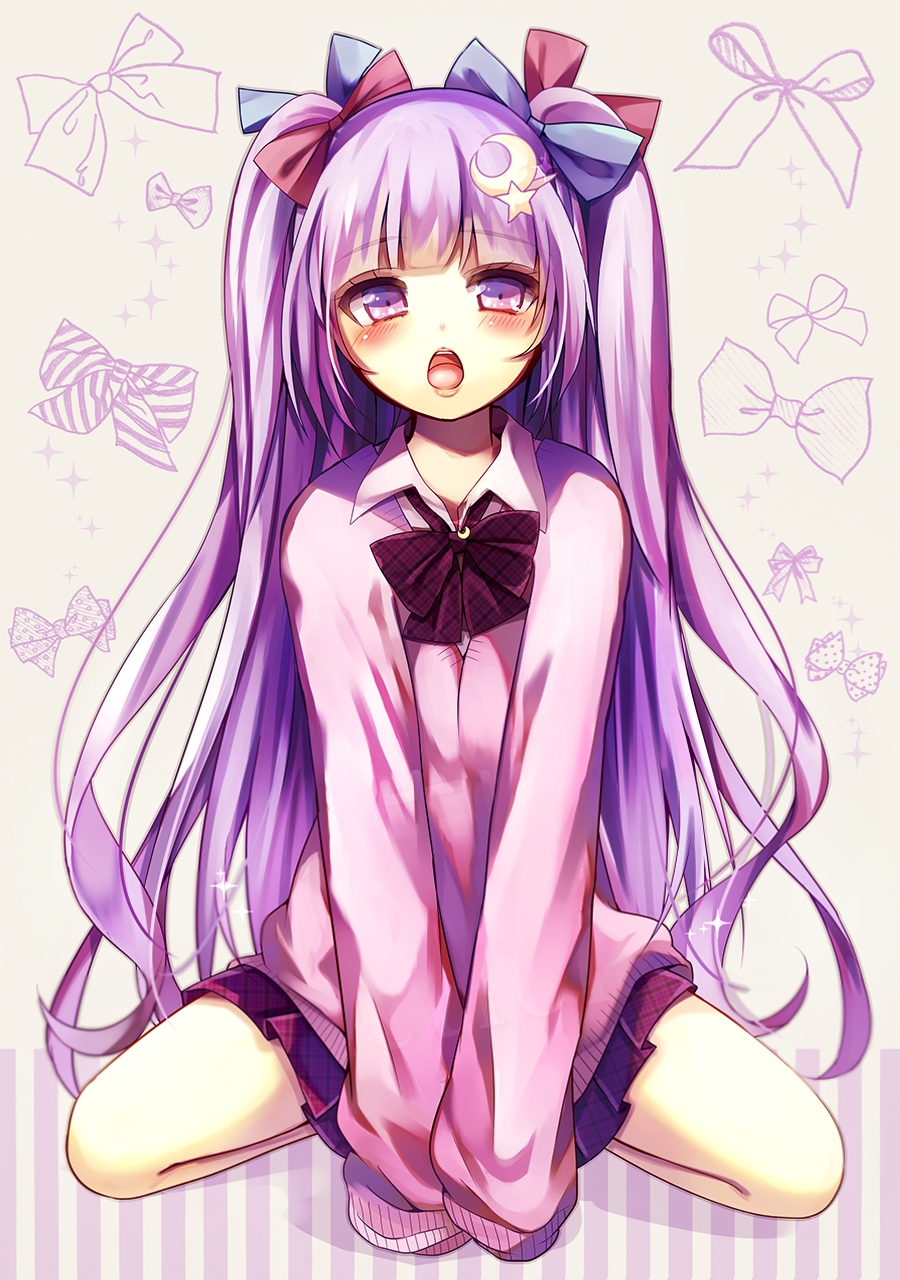 1girl bangs blue_bow blunt_bangs blush bow crescent crescent_hair_ornament hair_bow hair_ornament highres long_hair long_sleeves looking_at_viewer open_mouth patchouli_knowledge pleated_skirt purple_hair red_bow revision sitting skirt solo star_hair_ornament sweater tongue touhou twintails ukita_uuko v_arms violet_eyes