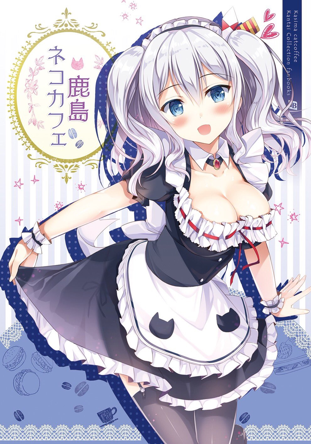 1girl :d alternate_costume apron black_dress black_legwear blue_eyes blush breasts brooch character_name cleavage copyright_request cowboy_shot detached_collar dress enmaided frilled_sleeves frills garter_straps gem head_tilt heart heart-shaped_pupils highres jewelry kantai_collection kashima_(kantai_collection) large_breasts leg_up looking_at_viewer maid maid_headdress open_mouth puffy_short_sleeves puffy_sleeves red_ribbon ribbon ribbon-trimmed_clothes ribbon_trim ruby_(stone) short_hair short_sleeves silver_hair smile solo sousouman standing standing_on_one_leg striped symbol-shaped_pupils translation_request twintails vertical-striped_background vertical_stripes waist_apron wavy_hair white_apron wing_collar wrist_cuffs