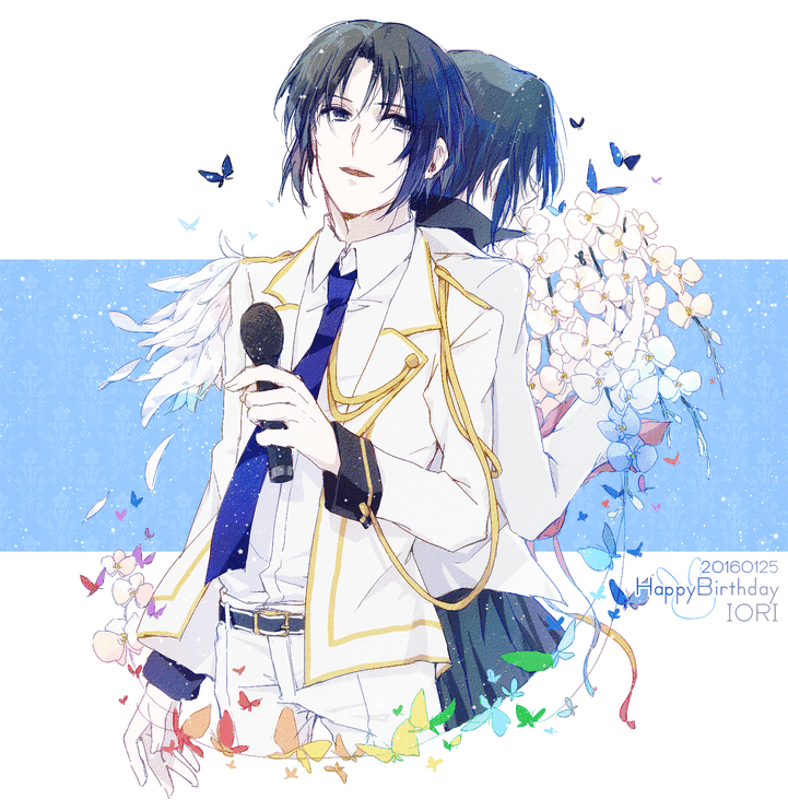 1boy 2016 back-to-back bangs blue_hair blue_necktie butterfly collared_shirt cowboy_shot dated dress_shirt flower happy_birthday holding holding_flower holding_microphone idolish_7 izumi_iori jacket long_sleeves male_focus microphone miharuko_(kopera) necktie open_mouth orchid pale_skin pants parted_bangs shirt sleeves_folded_up white_jacket white_pants white_shirt wing_collar