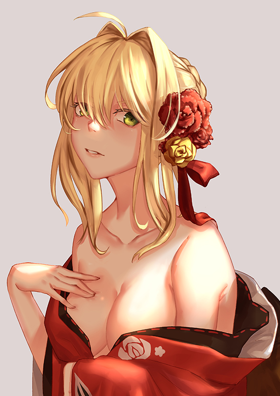 1girl ahoge bare_shoulders blonde_hair breasts cleavage collarbone fate/extella fate/extra fate_(series) flower green_eyes grey_background hair_between_eyes hair_flower hair_ornament hand_on_breast hand_on_own_chest jacky5493 japanese_clothes kimono looking_at_viewer medium_breasts no_bra off_shoulder open_clothes open_kimono parted_lips pink_lips red_rose rose saber_extra short_hair simple_background solo upper_body yellow_rose