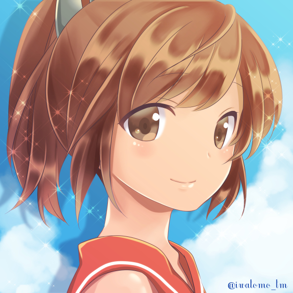 1girl brown_eyes brown_hair clouds cloudy_sky dark_skin from_side hair_ribbon i-401_(kantai_collection) iwanaga_tm kantai_collection light_smile looking_at_viewer ponytail portrait ribbon sailor_collar short_ponytail sky solo sparkle