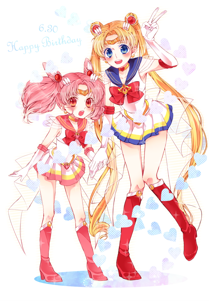 2girls :d arichel bishoujo_senshi_sailor_moon blonde_hair blue_eyes blush boots bow brooch chibi_usa choker dated double_bun elbow_gloves full_body gloves hair_ornament hairpin happy_birthday height_difference holding_hands jewelry knee_boots long_hair looking_at_viewer magical_girl multiple_girls open_mouth pink_boots pink_hair pleated_skirt red_boots red_bow red_eyes sailor_chibi_moon sailor_collar sailor_moon sailor_senshi short_hair skirt smile standing super_sailor_chibi_moon super_sailor_moon tiara tsukino_usagi twintails very_long_hair white_gloves