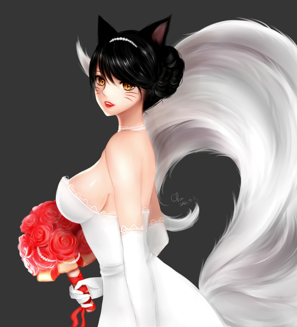 1girl 2016 ahri animal_ears bare_shoulders black_hair bouquet breasts chu_(huaha1320) dated dress elbow_gloves facial_mark flower fox_ears fox_tail gloves grey_background holding holding_bouquet lace-trimmed_dress lace-trimmed_gloves lace_trim large_breasts league_of_legends lips looking_at_viewer looking_to_the_side multiple_tails parted_lips red_rose riot_games rose sideboob signature simple_background sleeveless sleeveless_dress slit_pupils smile solo tail upper_body wedding_dress whisker_markings white_dress white_gloves yellow_eyes