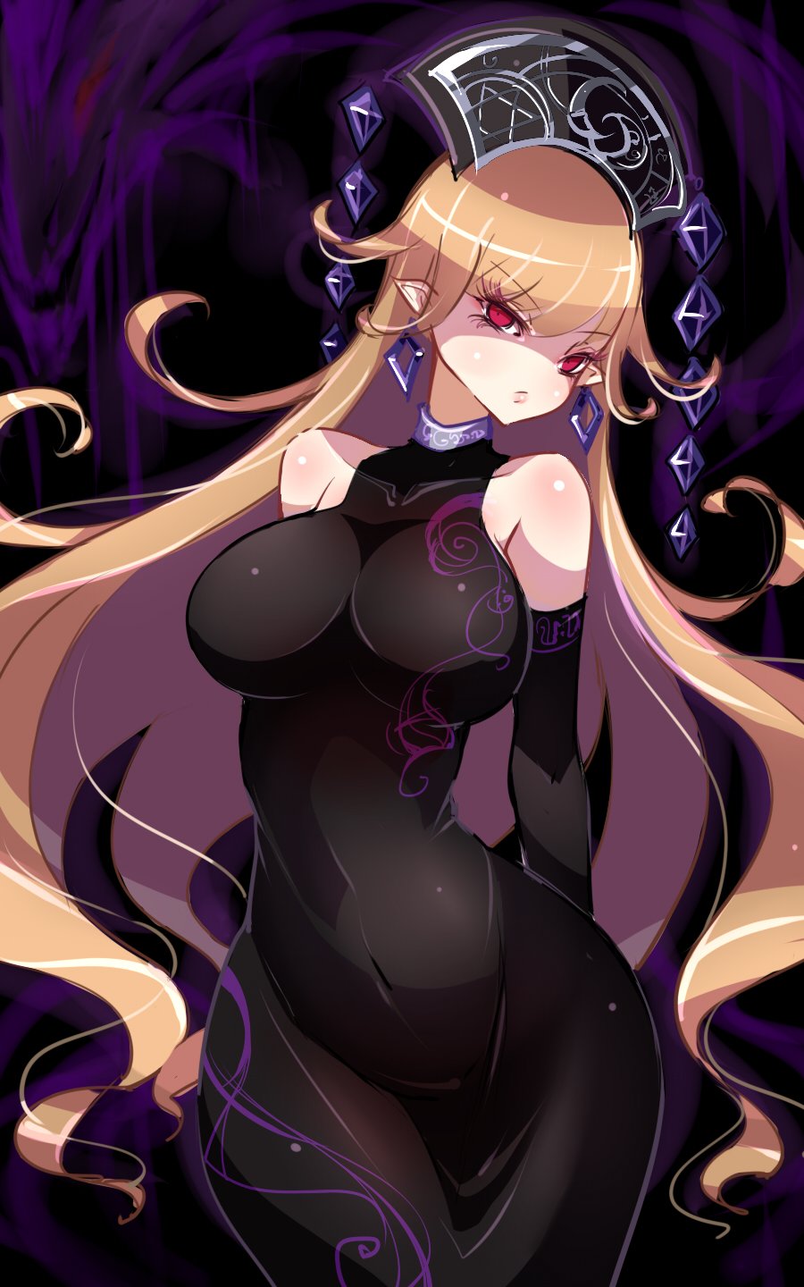 1girl alternate_costume blonde_hair breasts cleavage dark_background dress earrings hat highres jewelry junko_(touhou) long_hair raptor7 red_eyes solo tight tight_dress touhou wavy_hair