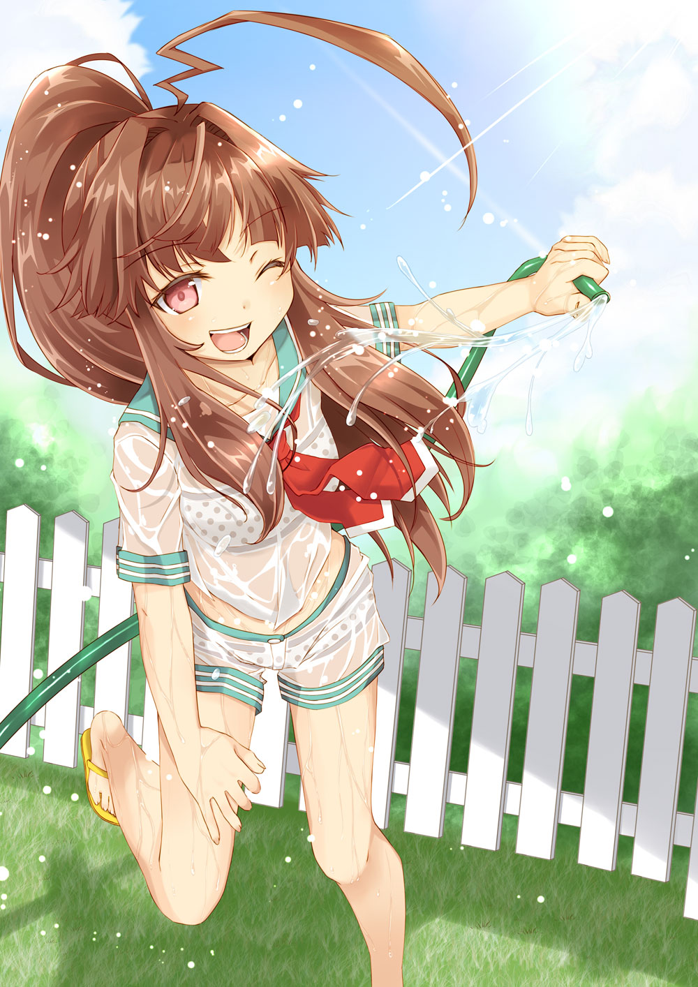 1girl ;d ahoge alternate_hairstyle bangs bare_legs belly_peek blunt_bangs bra brown_hair clouds eyebrows eyebrows_visible_through_hair fence flip-flops full_body grass happy highres holding hose huge_ahoge kantai_collection kuma_(kantai_collection) long_hair looking_at_viewer mitsuru_(habihapi) neckerchief no_socks one_eye_closed open_mouth outdoors panties picket_fence pink_eyes polka_dot polka_dot_bra polka_dot_panties ponytail red_eyes sandals school_uniform see-through serafuku short_shorts short_sleeves shorts sidelocks sky smile solo standing standing_on_one_leg sunlight underwear water wet wet_clothes wooden_fence