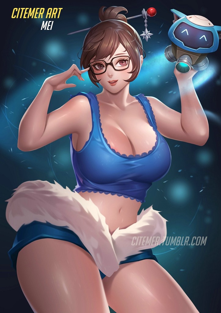 1girl adapted_costume breasts brown_hair character_name citemer cleavage fur_trim glasses hair_ornament hairpin looking_at_viewer mei_(overwatch) midriff navel overwatch solo