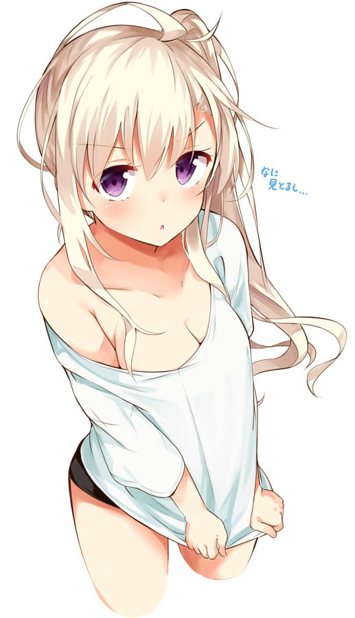 1girl ahoge breasts chestnut_mouth cleavage long_hair looking_at_viewer off_shoulder original sasahara_wakaba shirt_tug simple_background solo violet_eyes white_hair