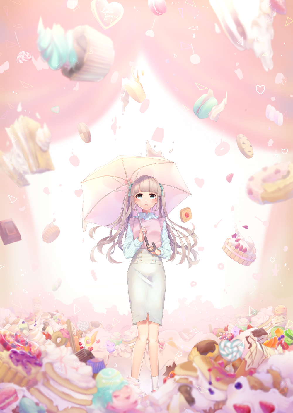 1girl aqua_ribbon banana bangs blue_eyes blue_skirt blunt_bangs blurry blush brown_hair cake candy checkerboard_cookie chocolate chocolate_syrup collared_shirt cookie cupcake depth_of_field doughnut food frilled_shirt frills fruit hair_ribbon heart highres holding holding_umbrella ice_cream icing kisaki_minami kiwifruit knees_together_feet_apart lollipop long_hair long_sleeves macaron original parted_lips pencil_skirt pink_shirt ribbon shirt skirt sleeveless sleeveless_shirt socks solo standing star strawberry striped striped_shirt sweets triangle twintails umbrella white_legwear white_skirt wing_collar