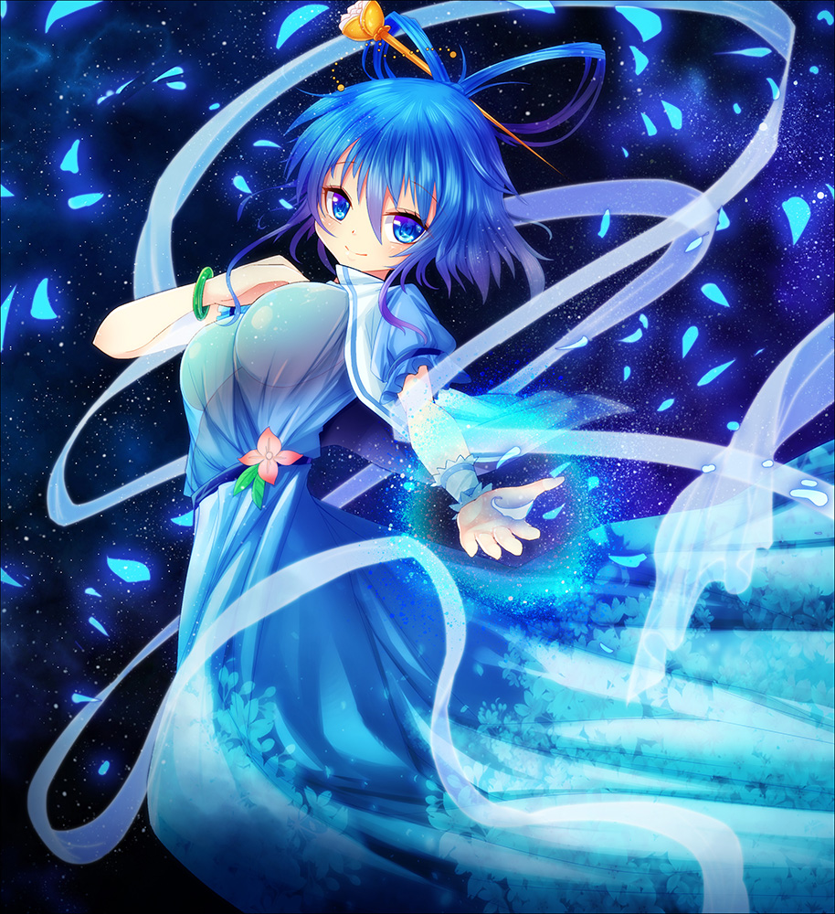 1girl bangle blue_dress blue_eyes blue_hair blush bracelet breasts closed_mouth dress floral_print flower hair_ornament hair_rings hair_stick jewelry kaku_seiga large_breasts looking_at_viewer no_bra outstretched_arm petals see-through shawl smile solo star starry_background touhou wrist_cuffs z.o.b